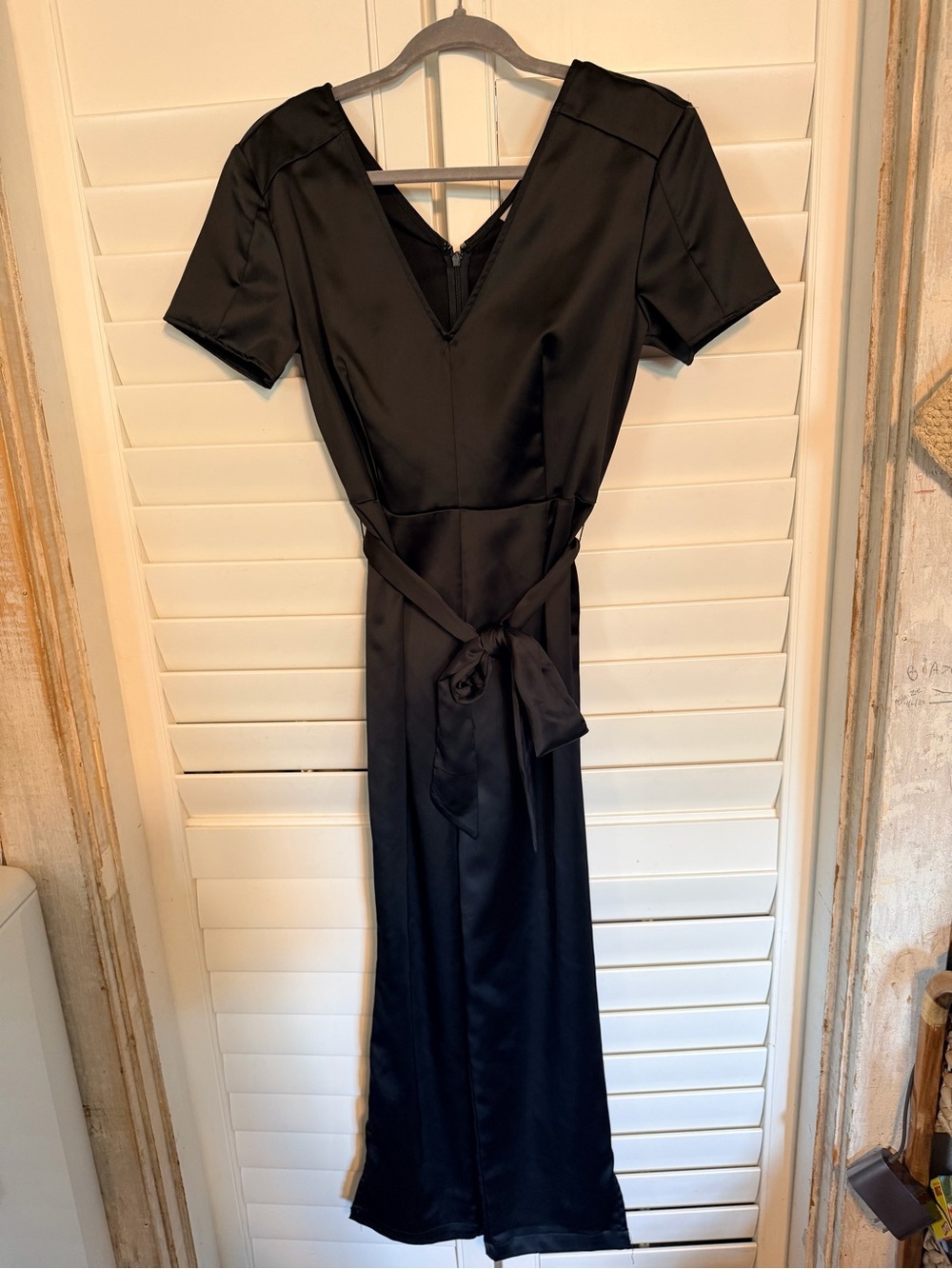 Prologue Black Satin V-Neck Belted Wide Leg Jumpsuit Women's Size 4
